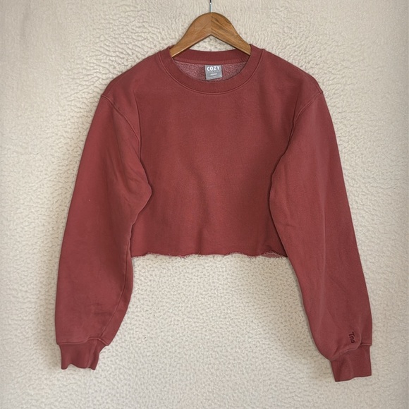 Aritzia TNA Crop Sweatshirt Womens Small‎ Cozy Perfect Fleece Burnt Red - Picture 1 of 6